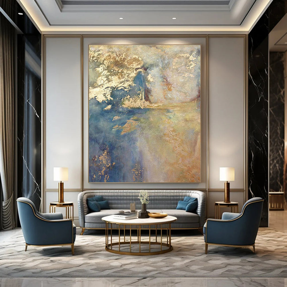 Blue and Gold Abstract Landscape Painting for Elegant Dining Rooms HENG518