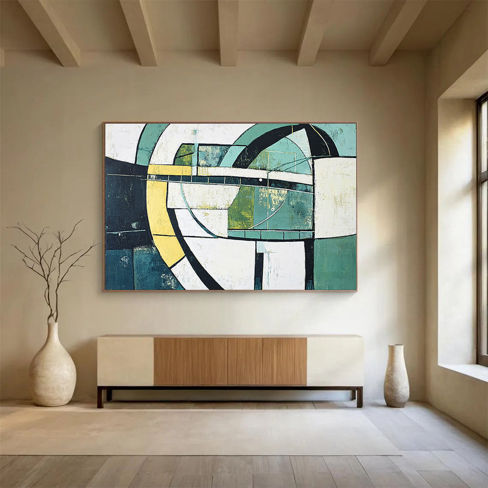 Green and Yellow Geometric Abstract Painting with Structural Harmony ABS411