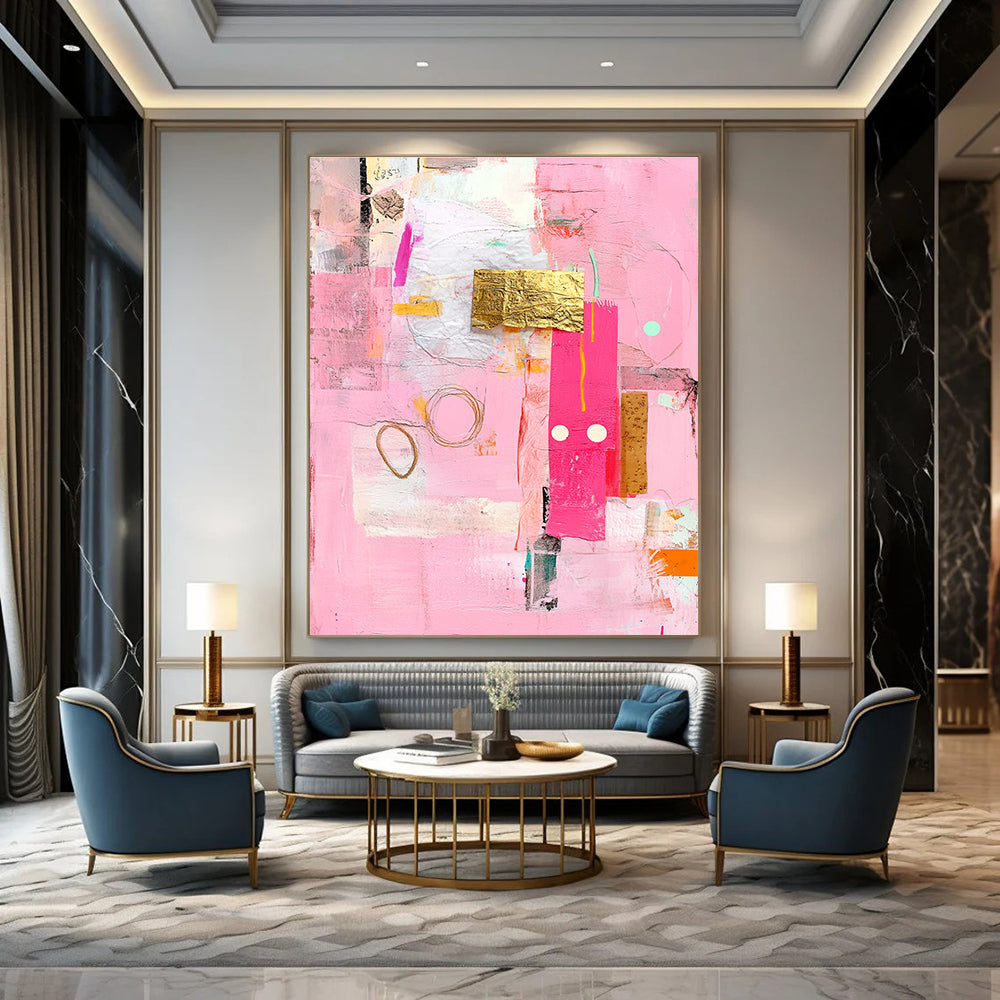 Pink Collage Art Vibrant Mixed - Media Abstract Painting GAB0320