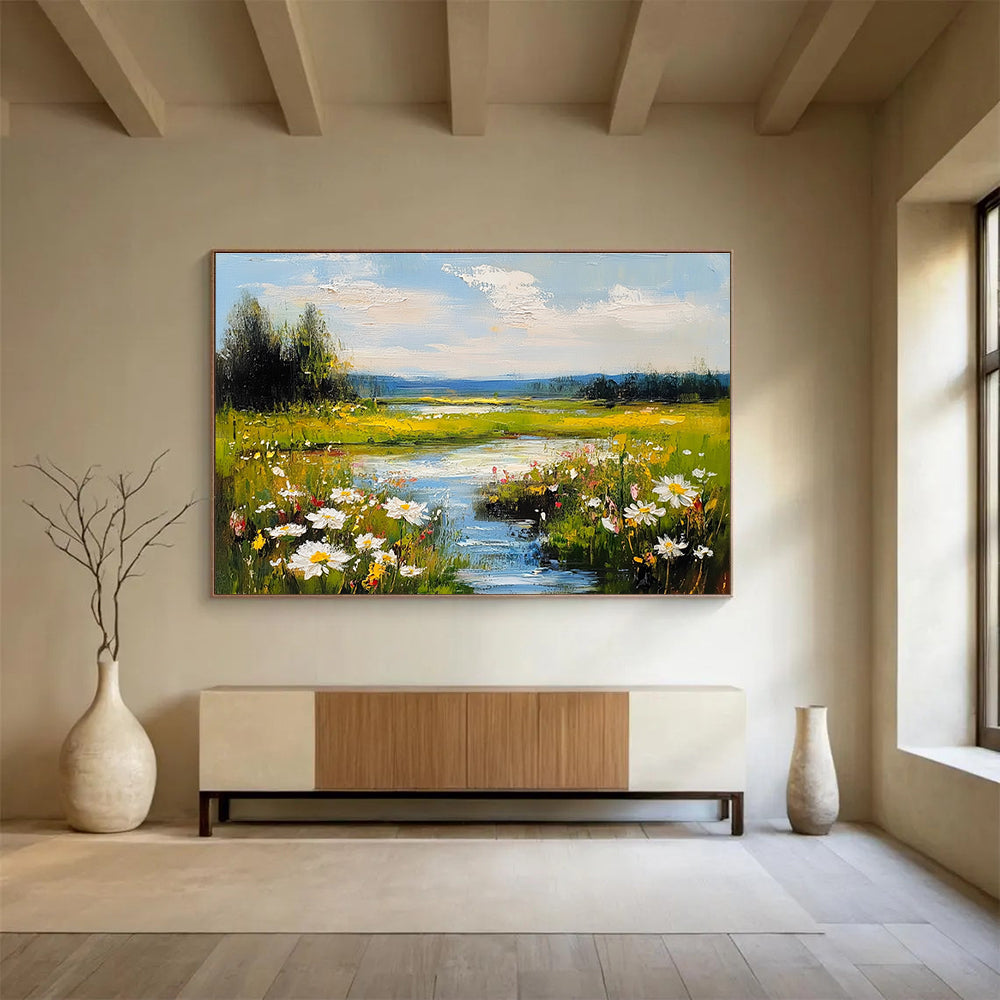 Flower - Filled River Landscape Abstract Painting with Vibrant Nature ABS594