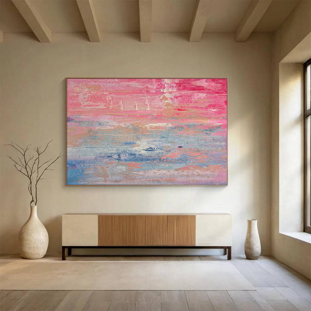 Pink - Blue Abstract Sunset Painting for Romantic Bed and Breakfasts YHT386