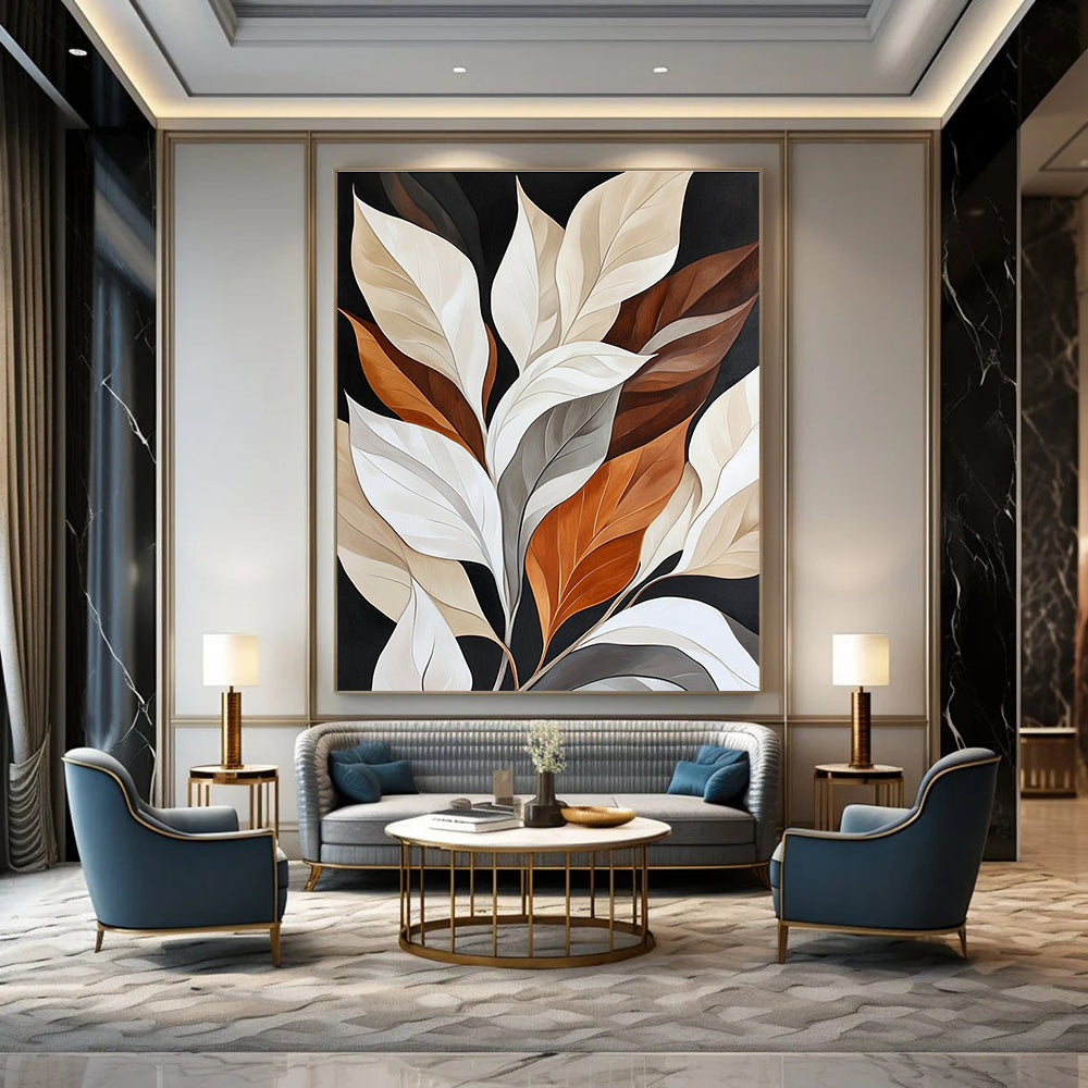 Colorful Leaves on Black Sophisticated Botanical Abstract Painting GAB0303