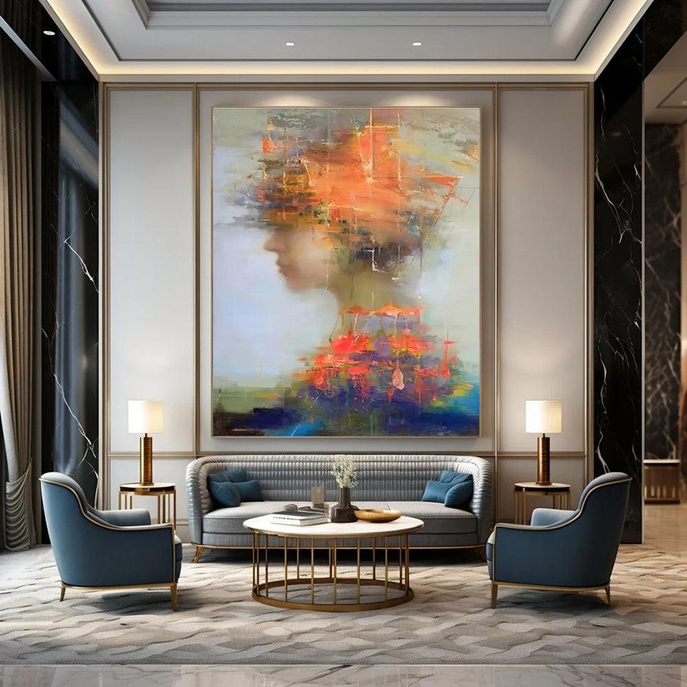 Abstract Figure with Colorful Overlays Painting for Expressive Interiors HENG318