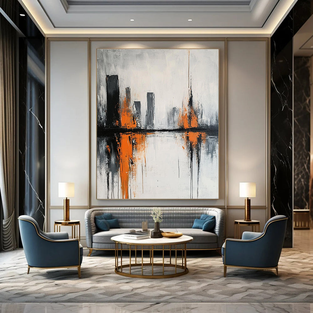 Abstract City Reflection Painting in Gray and Orange GAB0664