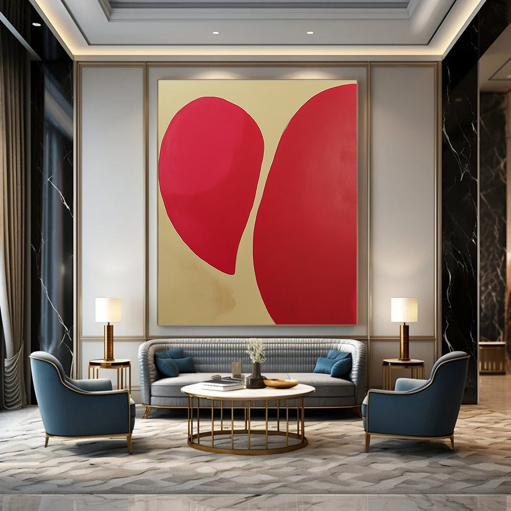 Geometric Red Shapes Abstract Painting on Beige GAB0674