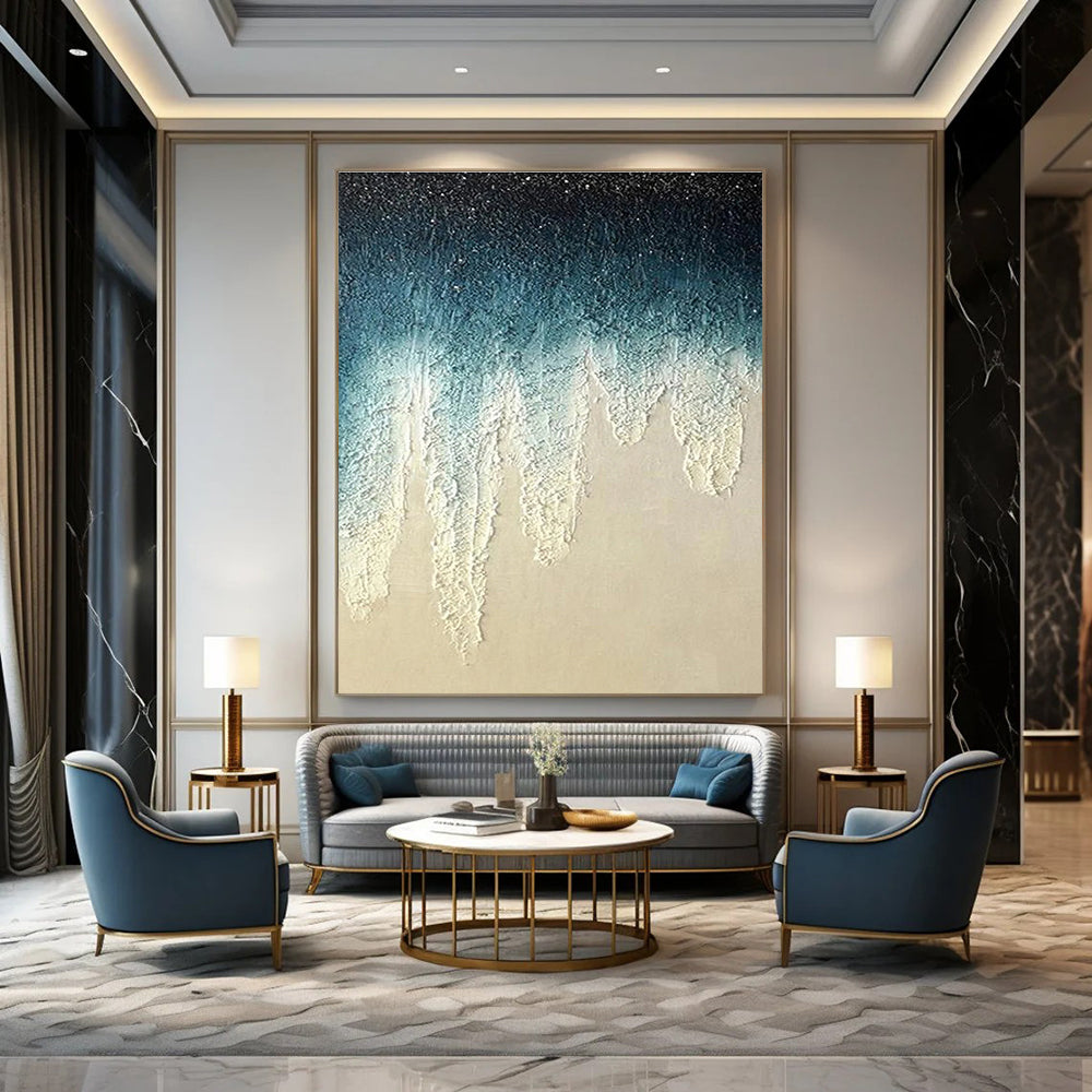 Blue and White Dripping Textured Abstract Painting for Art - Centric Living Rooms HENG343