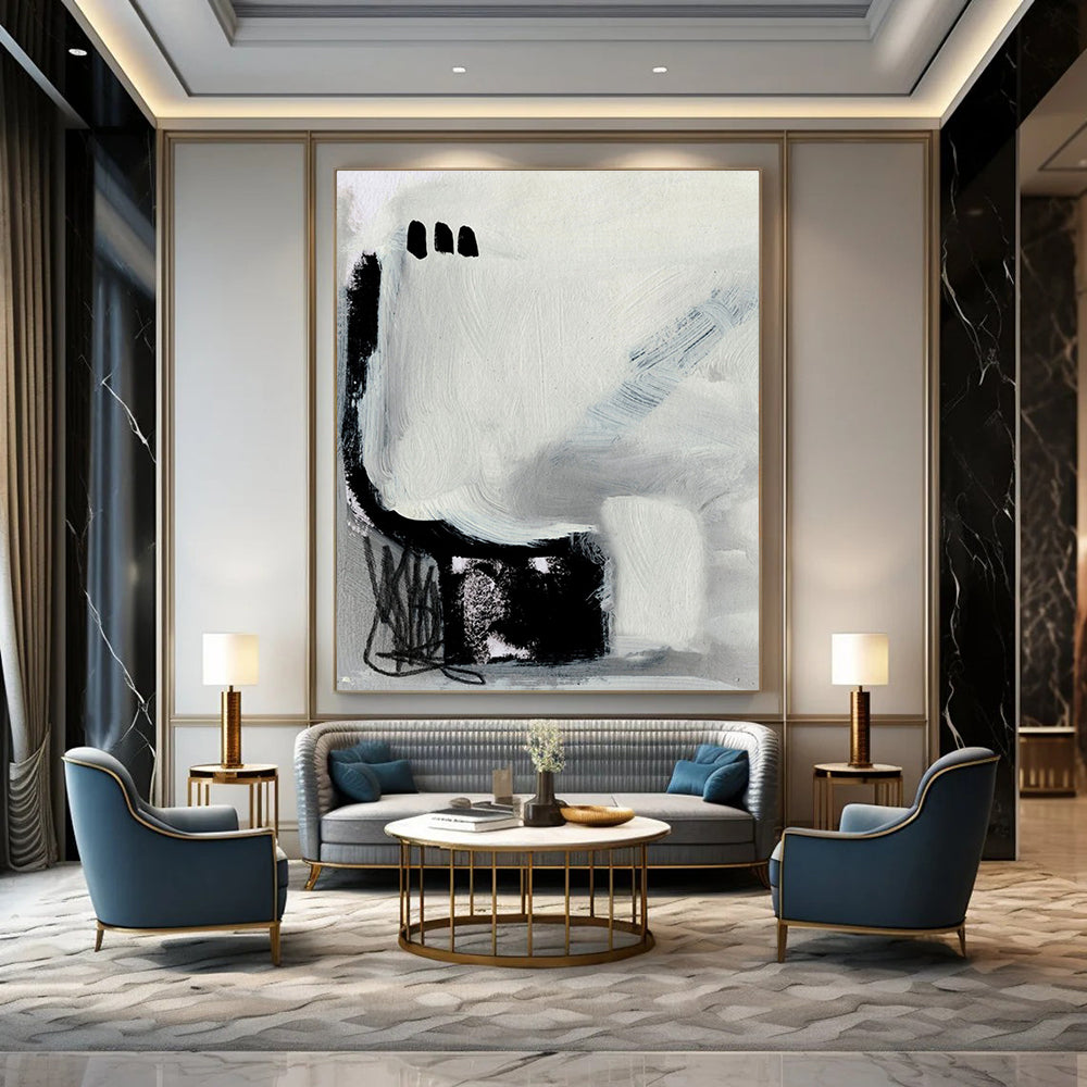 Minimalist Black - White Abstract Painting for Modern Art - Themed Bedrooms HENG205