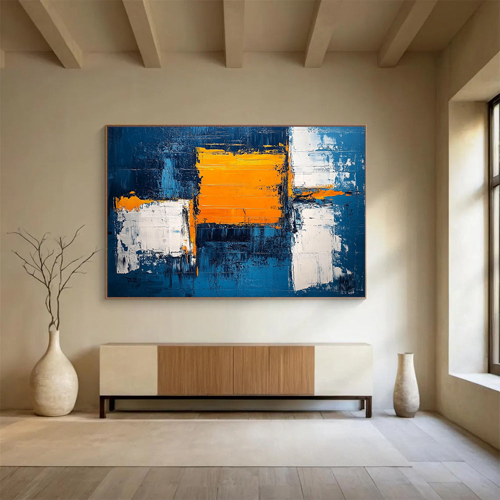 Blue and Orange Geometric Abstract with Textured Edges Abstract Painting ABS382