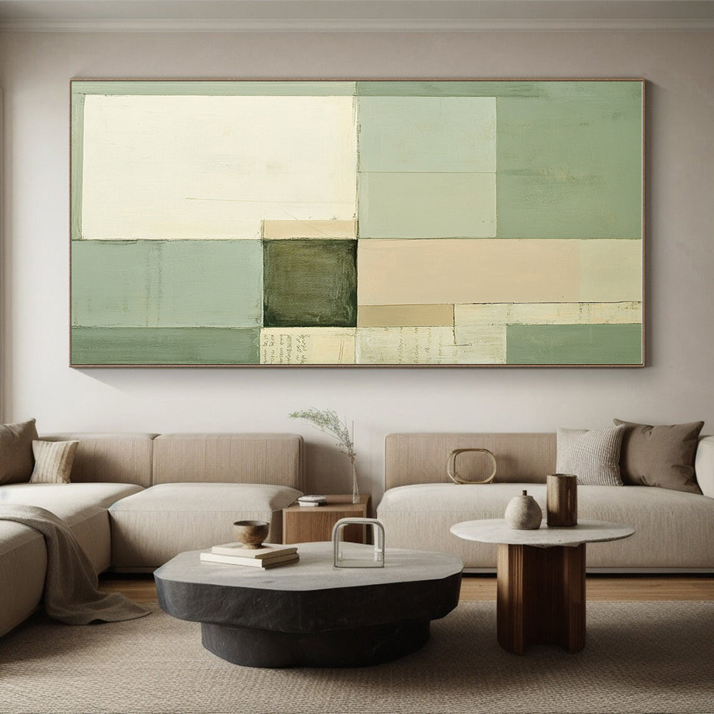 Green and Beige Geometric Blocks Abstract Painting with Subtle Harmony WINK274