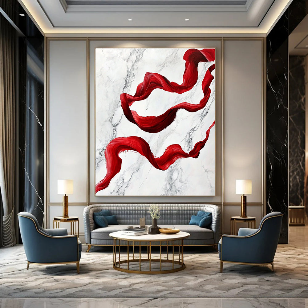 Red Ribbon on Marble Abstract Painting for Luxurious Spaces GAB1459