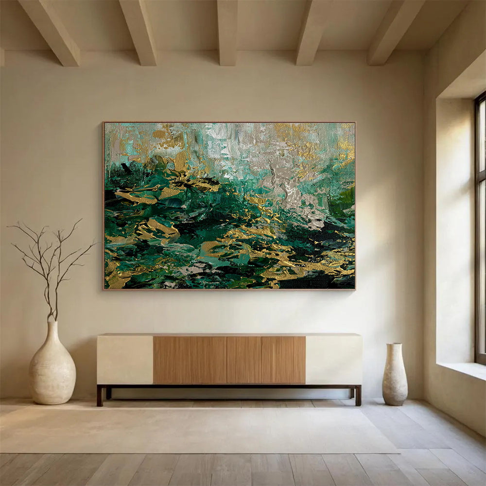 Green and Gold Abstract Textures Painting for Upscale Jewelry Stores YHT355