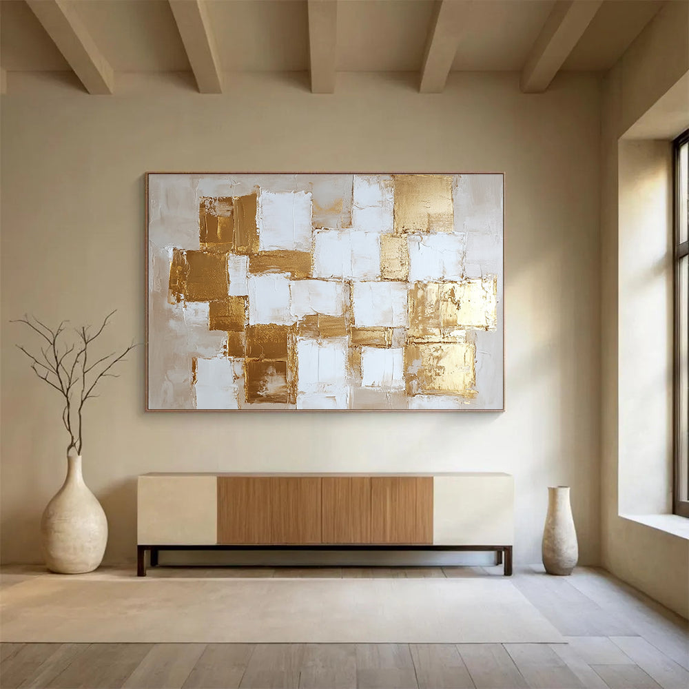 Gold and White Square Abstract Painting with Textured Elegance ABS451
