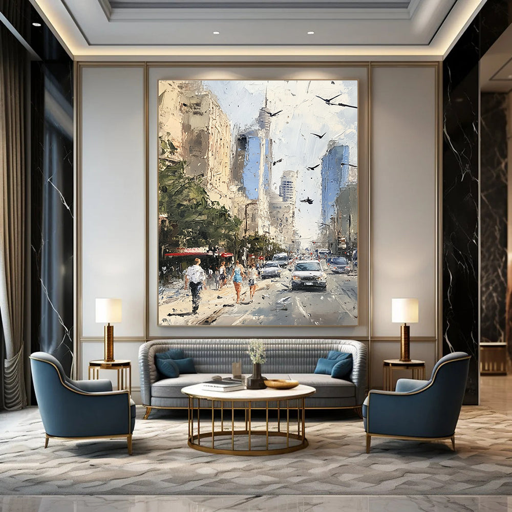 Busy Urban Sidewalk Dynamic Cityscape Abstract Painting GAB0285