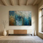 Teal and Gold Abstract Layers Painting for Modern Beach Houses YHT337