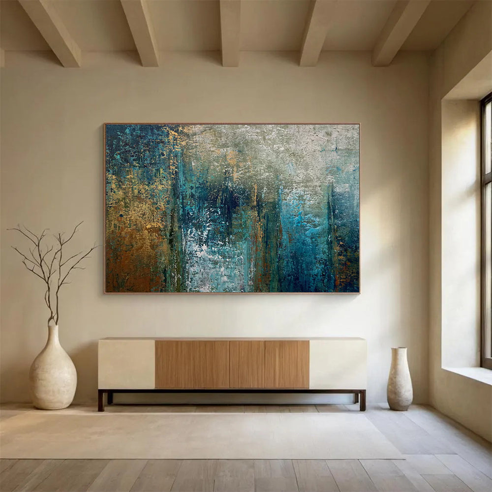 Teal and Gold Abstract Layers Painting for Modern Beach Houses YHT337
