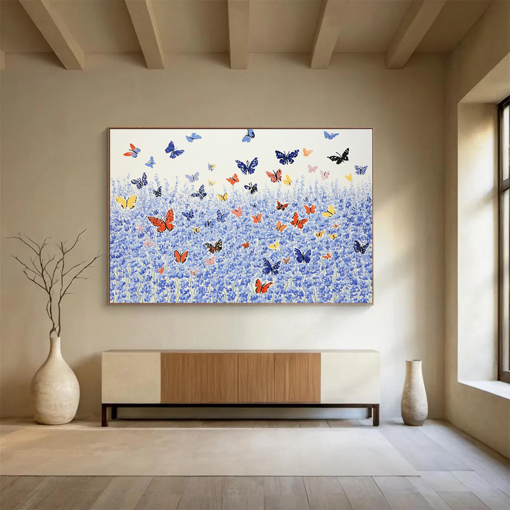 Blue Field with Colorful Butterflies  Nature’s Joyful Scene ABS055