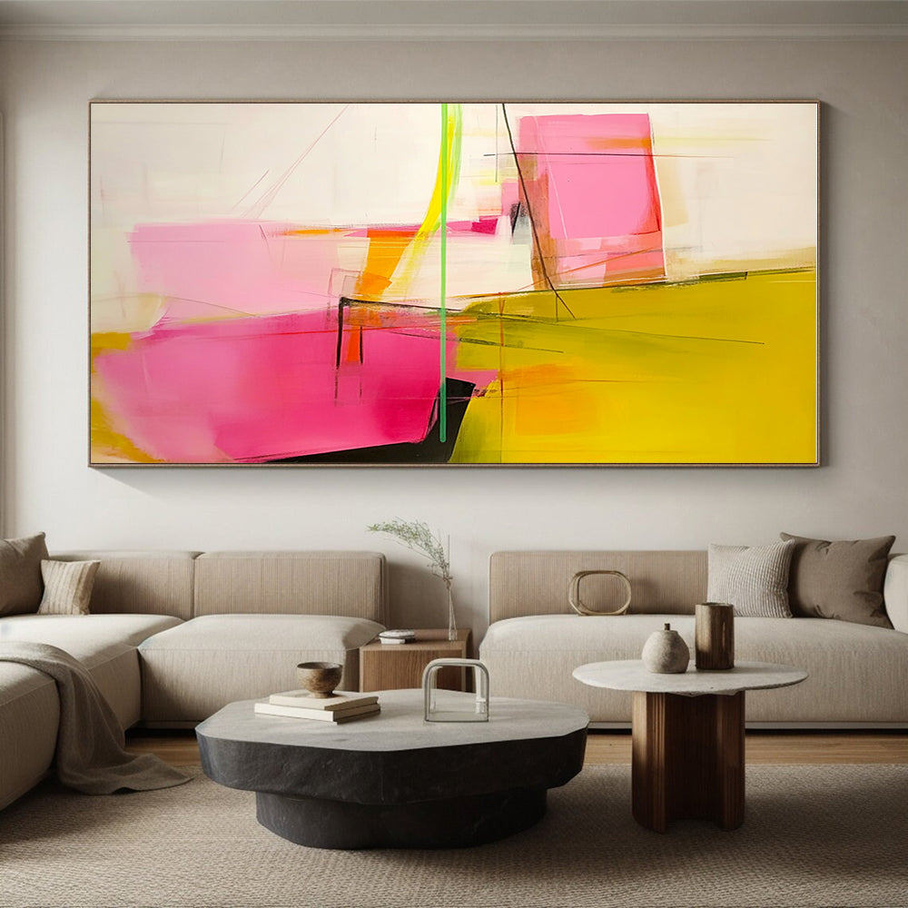 Pink Yellow Geometric Abstract Painting with Subtle Lines WINK629