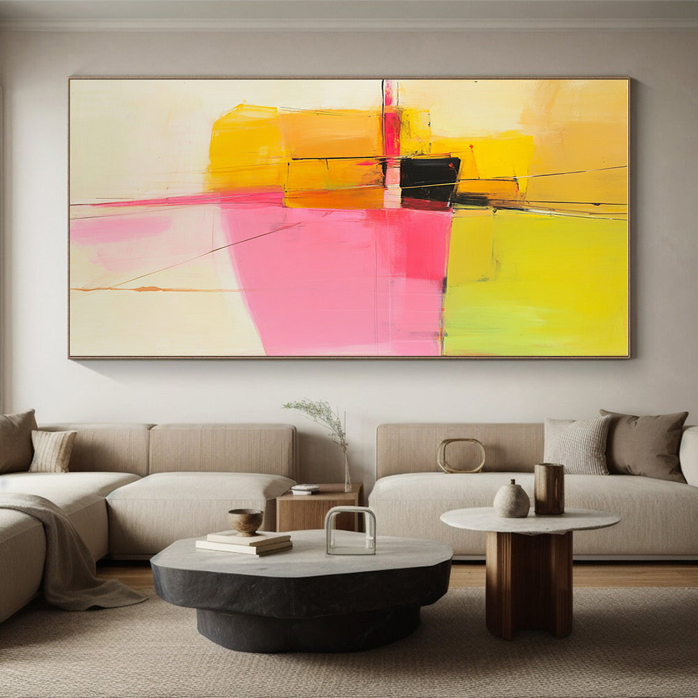 Yellow Pink Geometric Abstract Painting with Bold Contrasts WINK692