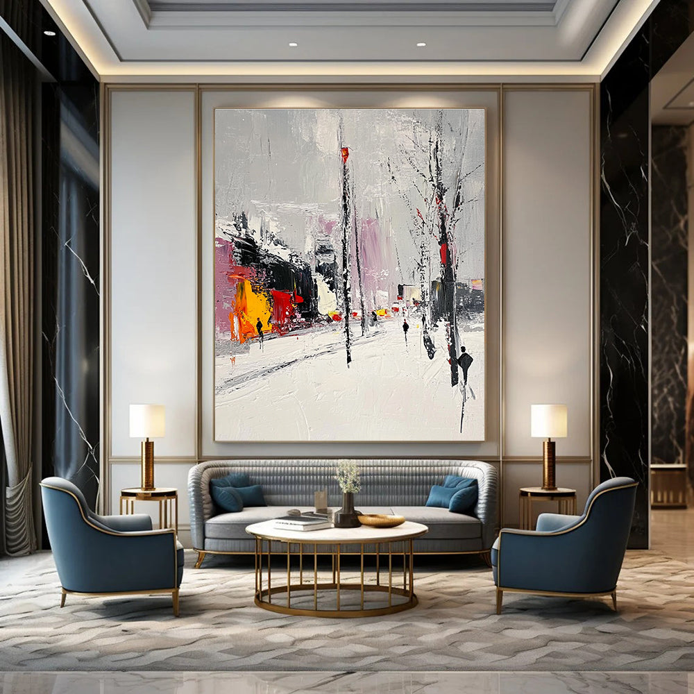 Snowy Urban Street - Winter City Abstract Painting GAB0608