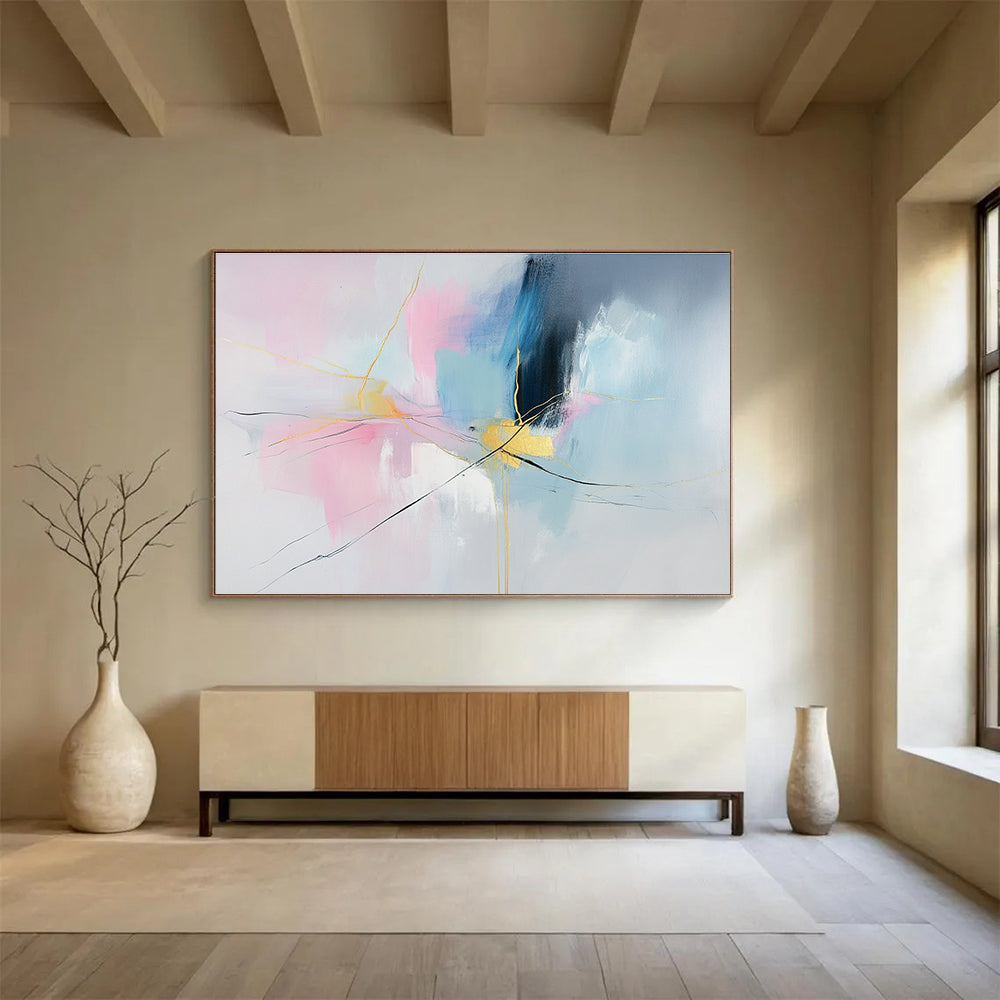 Pink, Blue, and Gold Abstract Painting with Dynamic Thread - like Forms ABS441