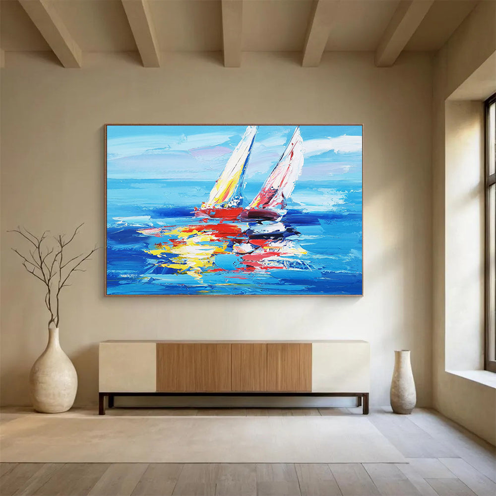 Colorful Sailboat Abstract Painting for Coastal Home Dining Rooms YHT268