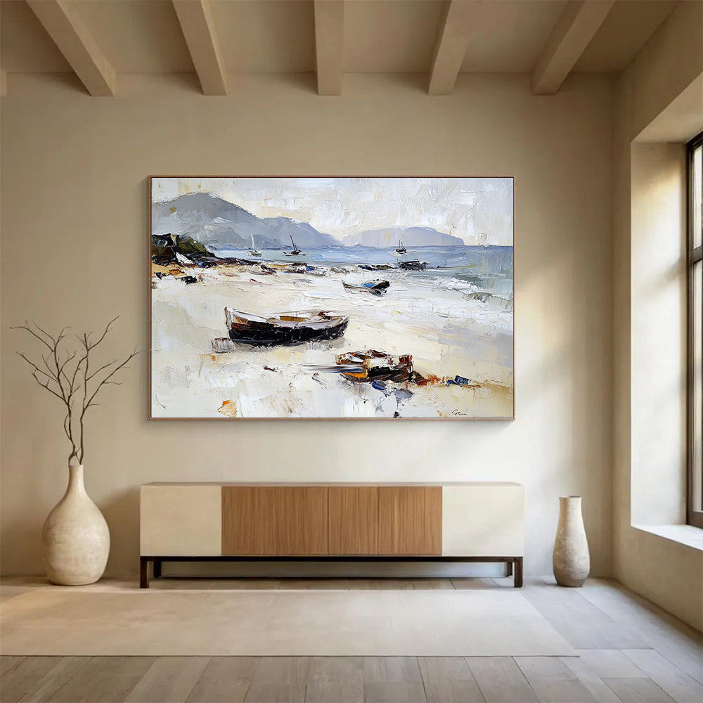 Beach with Beached Boats Abstract Painting with Casual Coastal Charm ABS602