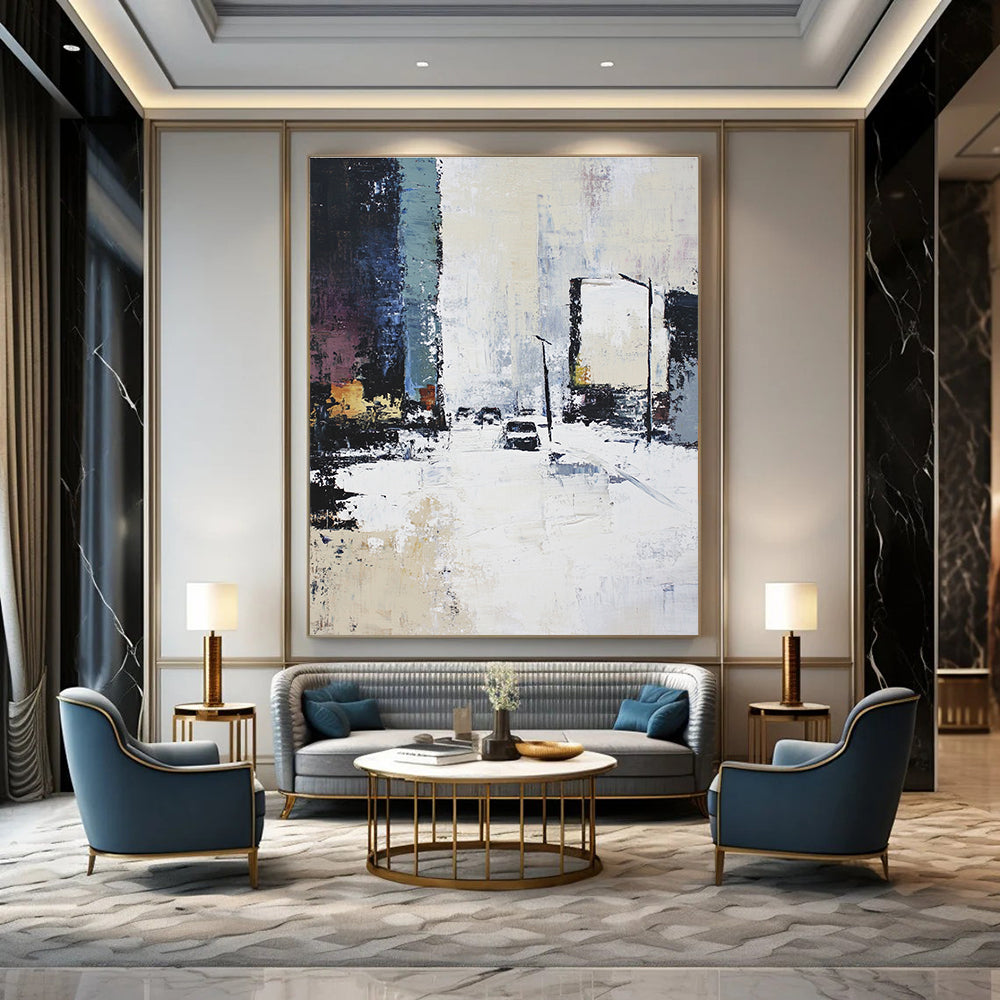 Snowy Urban Street - Winter Cityscape Abstract Painting GAB0572