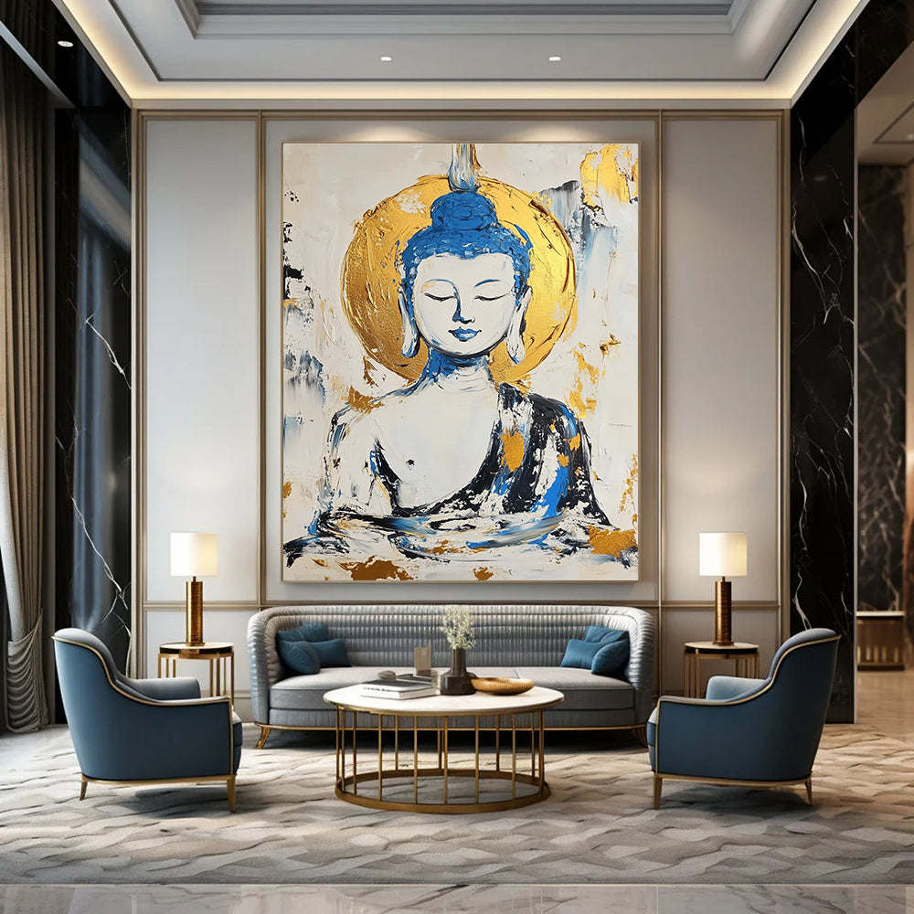 Buddha in Blue and Gold Abstract Painting for Spiritual Retreat Centers GAB0799