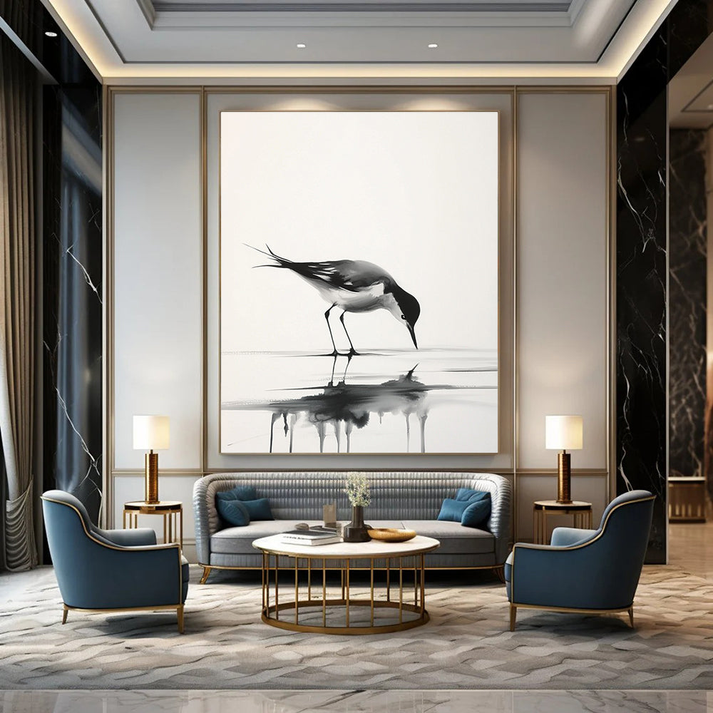 Graceful Bird Reflection Abstract Painting in Ink Wash Style GAB0023