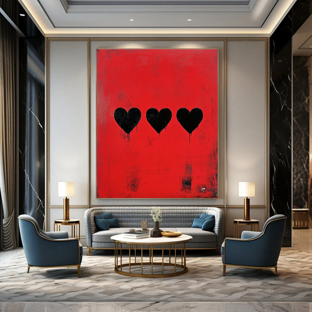 Red and Black Hearts Edgy Abstract Painting for Bold Spaces GAB1489