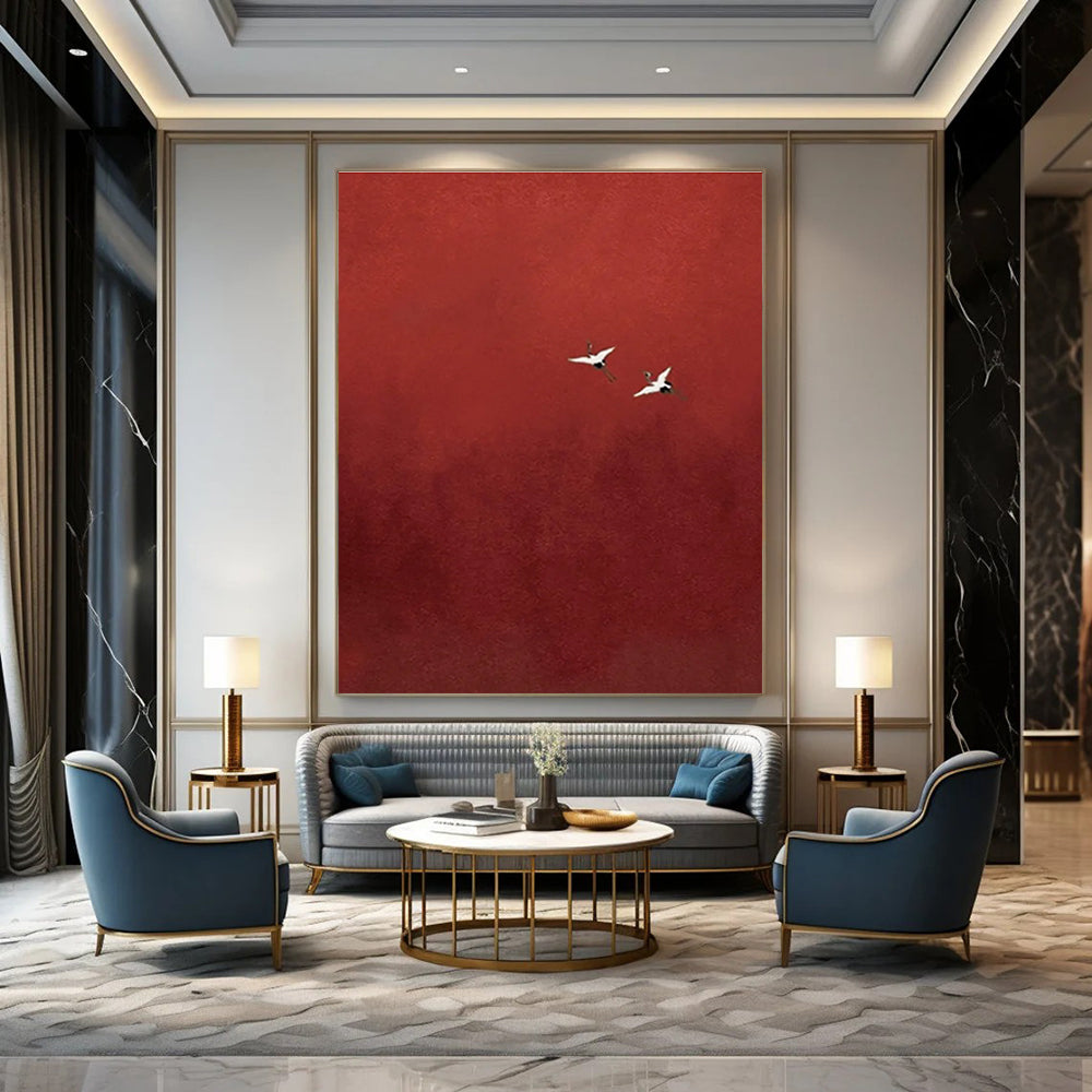 Two Cranes in Red Sky Abstract Painting for Dramatic Foyers HENG482