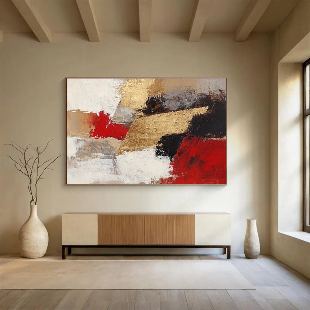 Gold Red Abstract Fusion Painting with Bold Textured Contrasts ABS539