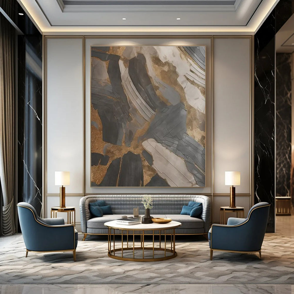 Black - Gold - Gray Abstract Painting for Opulent Residential Foyers HENG137