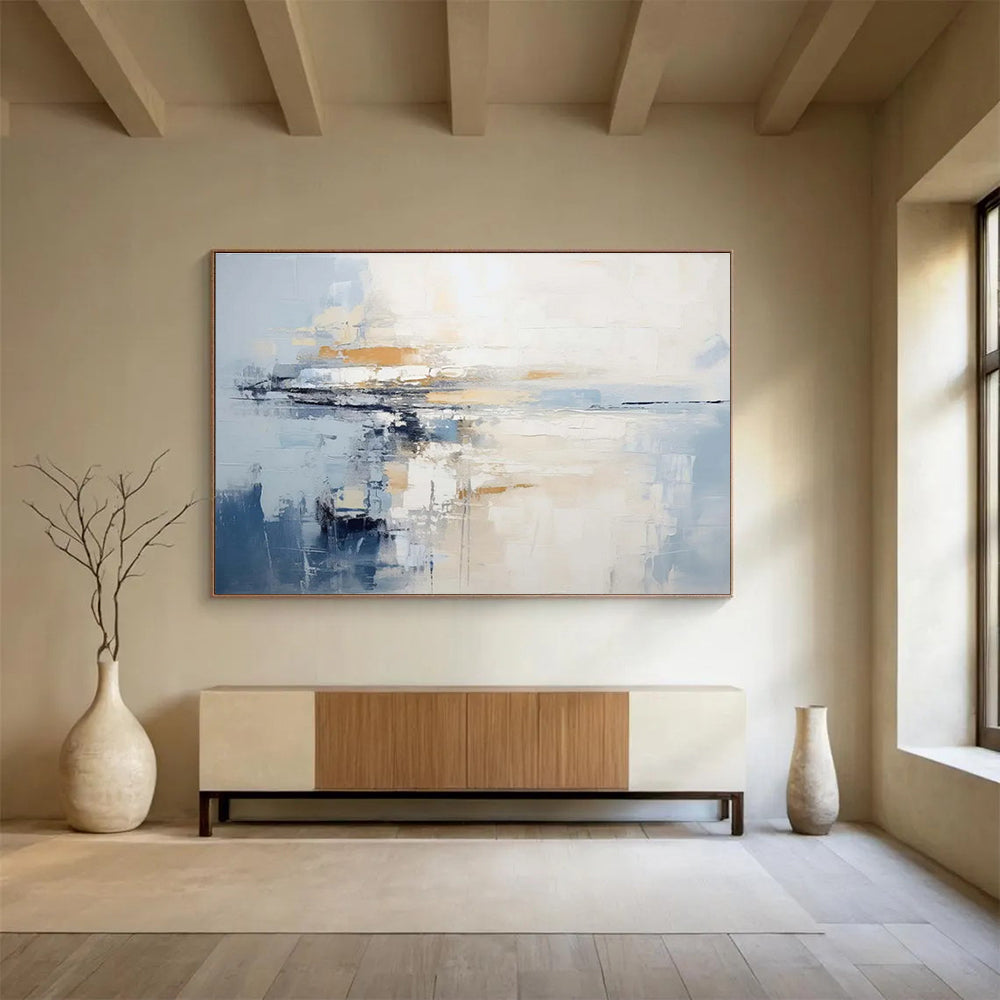 Blue - White Abstract Horizon Painting for Minimalist Spaces YHT089