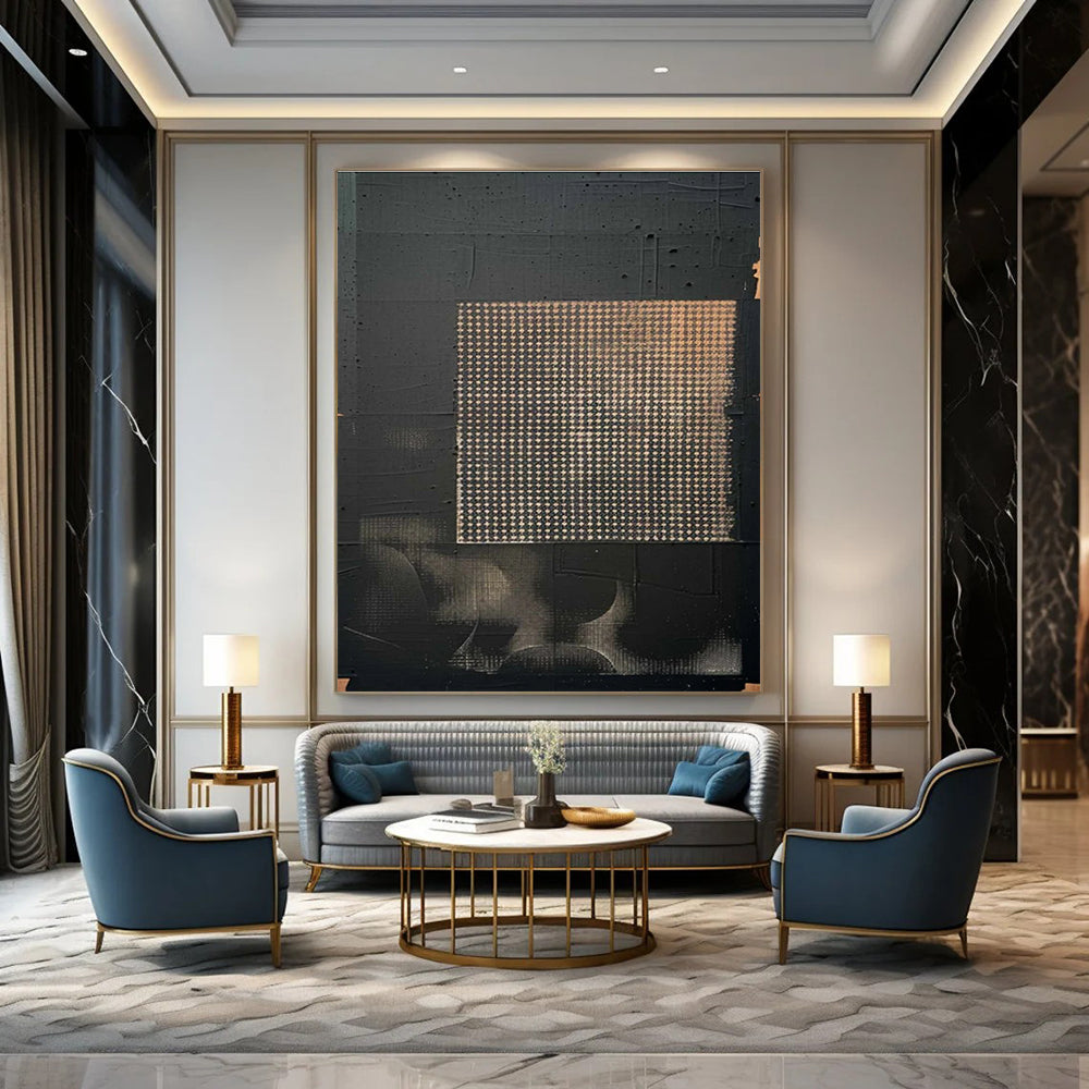 Black and Gold Grid Abstract Painting for Contemporary Art Spaces HENG306