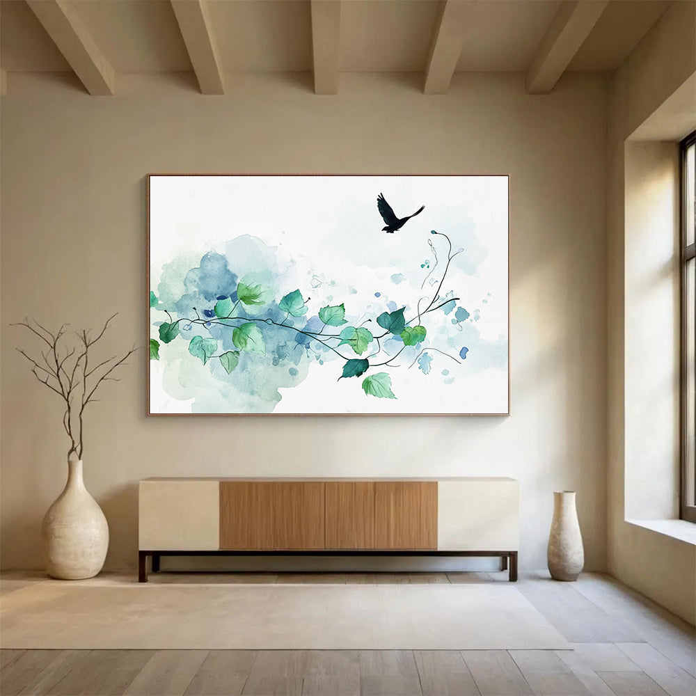Watercolor Vine and Bird: Serene Nature’s Simplicity Abstract Painting ABS159