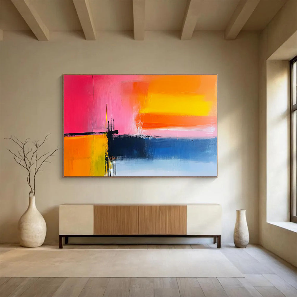 Pink, Orange and Blue Abstract Sunset Painting with Vibrant Hues ABS409