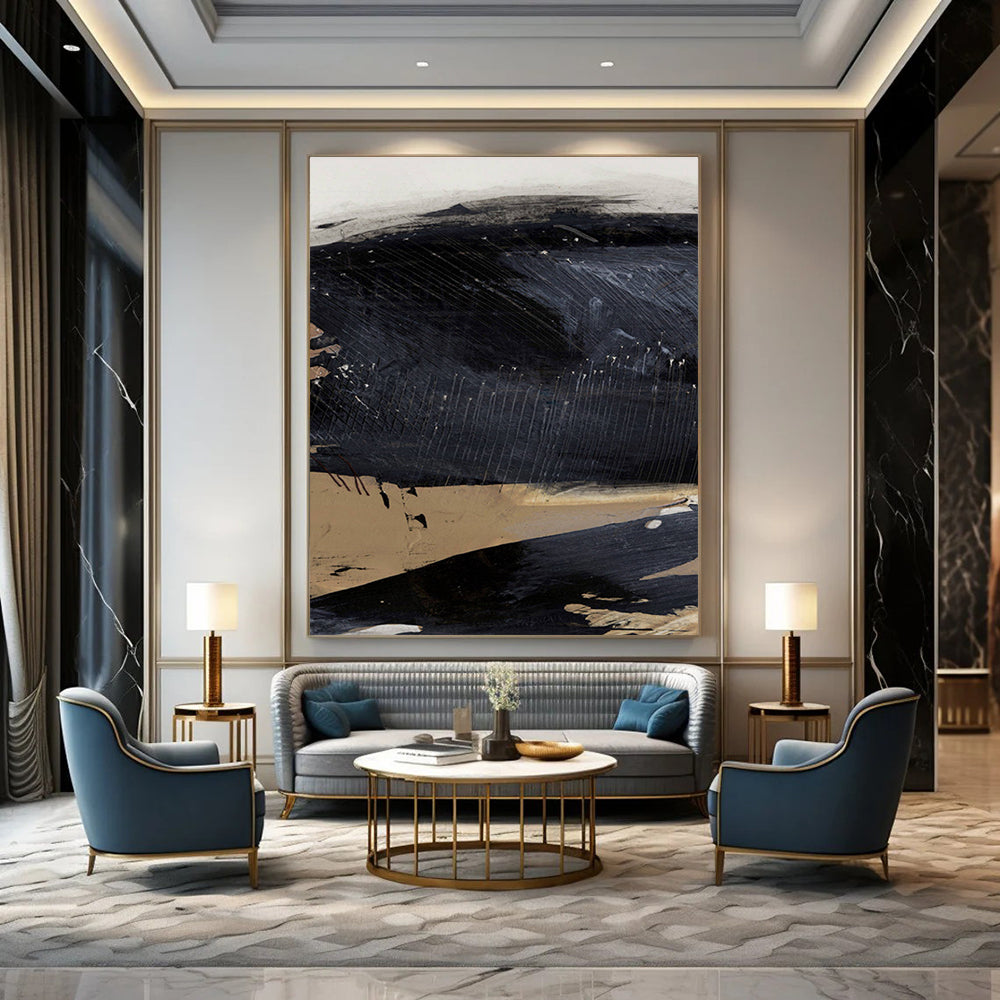 Textured Black - Beige Abstract Painting for Minimalist Home Studios HENG203