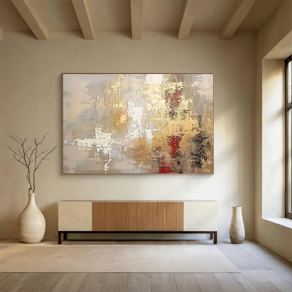 Gold - Red Abstract Textured Painting for Luxe Interiors YHT044