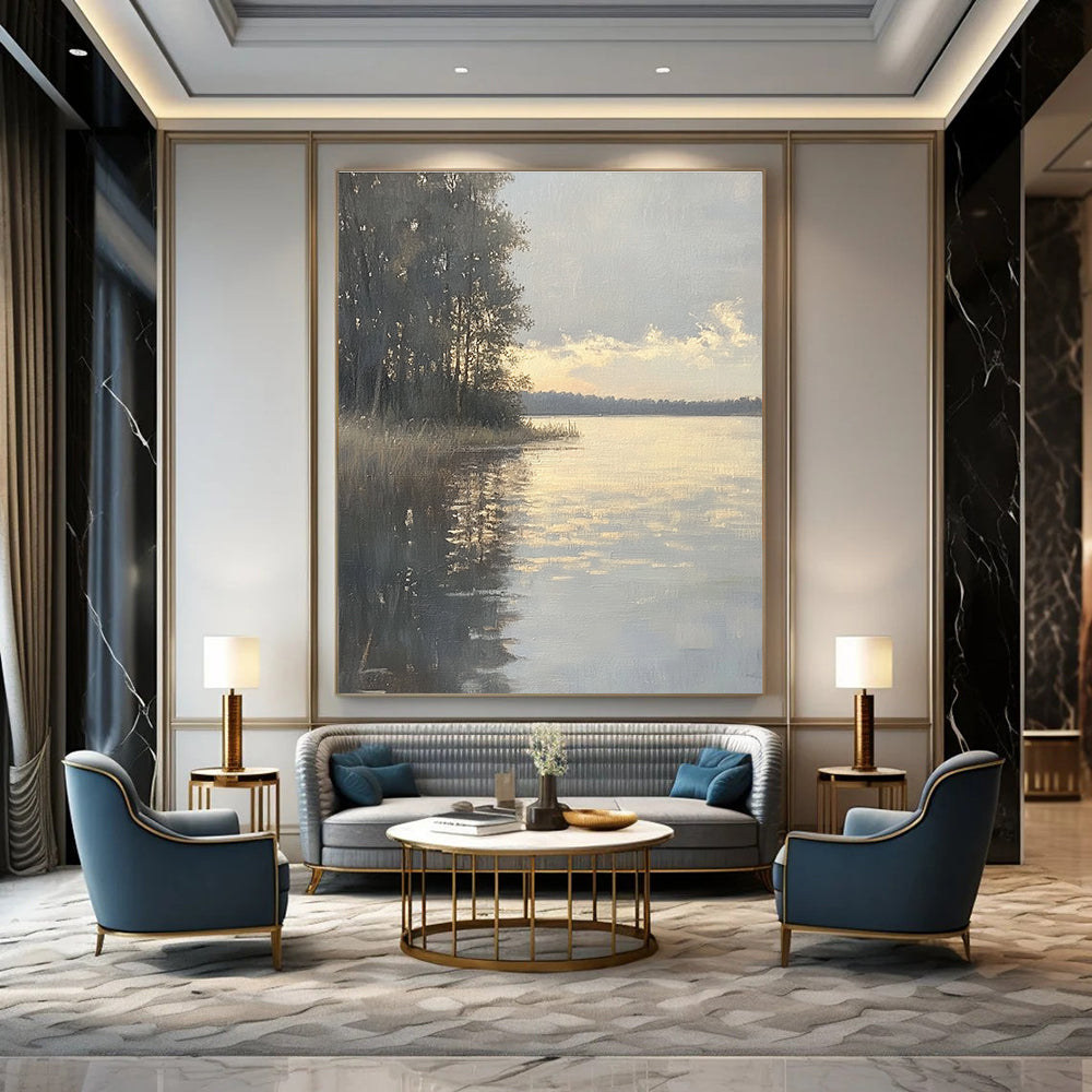 Lakeside Sunset Abstract Painting for Rustic Cottage Living Rooms GAB1302