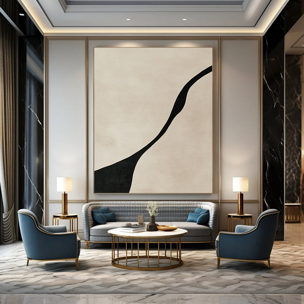 Curved Black Line Abstract Painting for Monochrome - Themed Hallways GAB1384