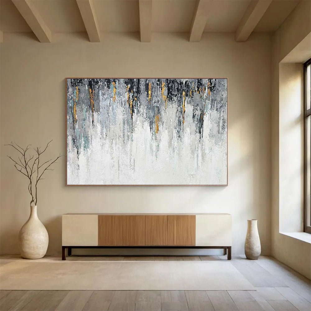 Gray and Gold Drip Abstract Painting for Sophisticated Office Reception Areas YHT277
