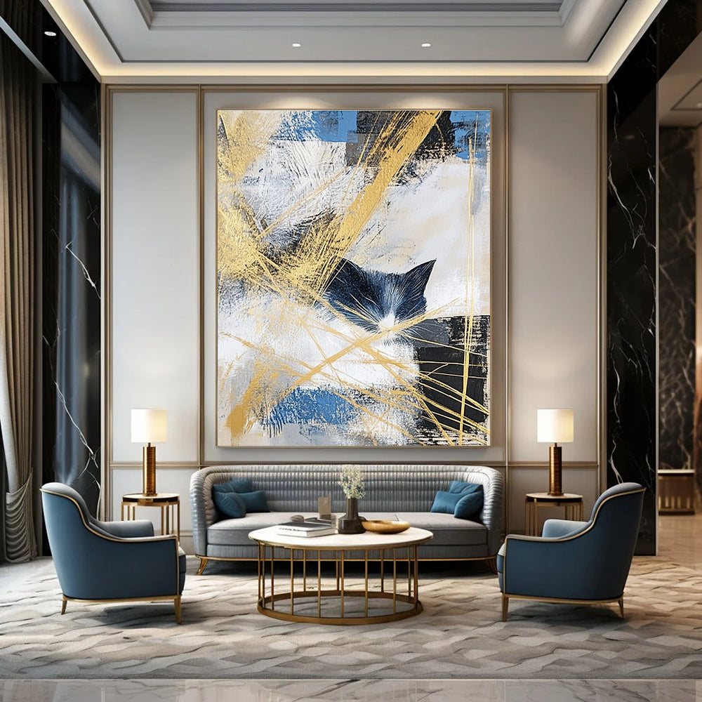 Abstract Cat Silhouette Painting with Golden Accents GAB0661