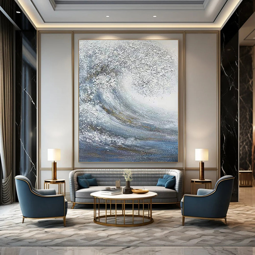 Dynamic White and Blue Wave Abstract Painting for Seaside Resorts HENG337