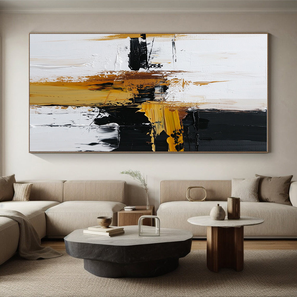 Black White Gold Abstract Painting with Modern Drama WINK483
