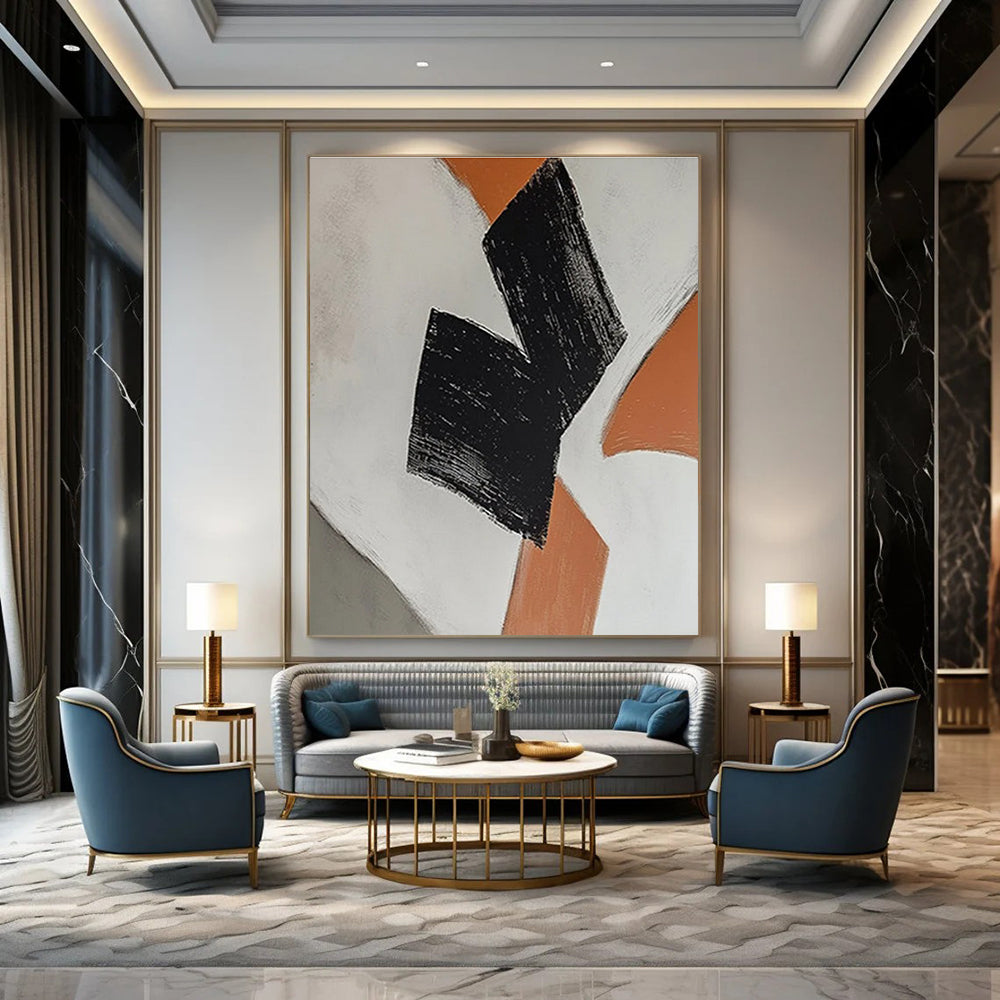 Black - Orange Minimalist Abstract Painting for Scandinavian - Style Homes HENG111