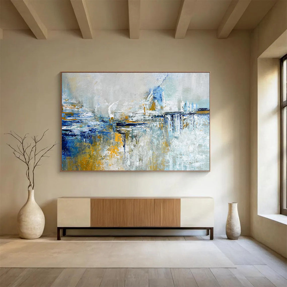 Blue and Gold Abstract Cityscape Painting for Upscale Urban Residences YHT347