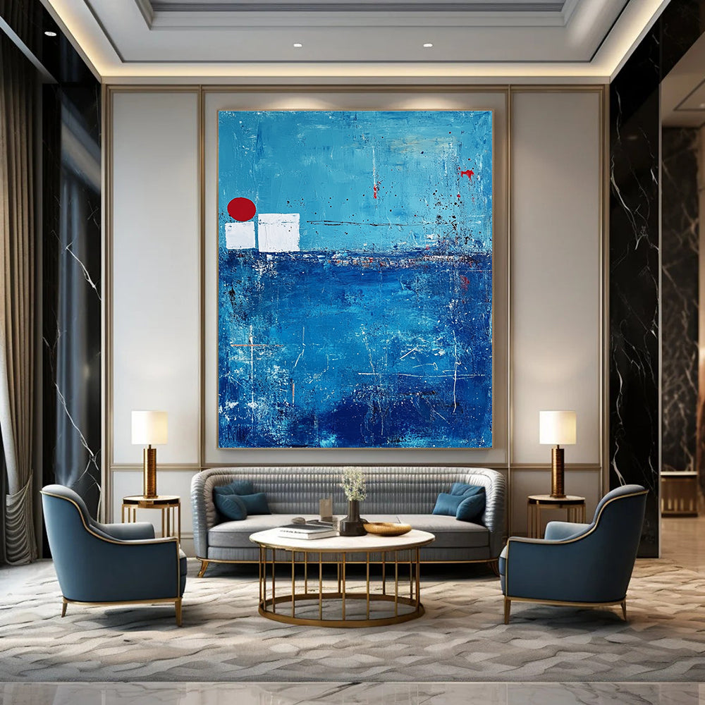 Blue Abstract with Red and White - Minimalist Color Block Abstract Art GAB0475