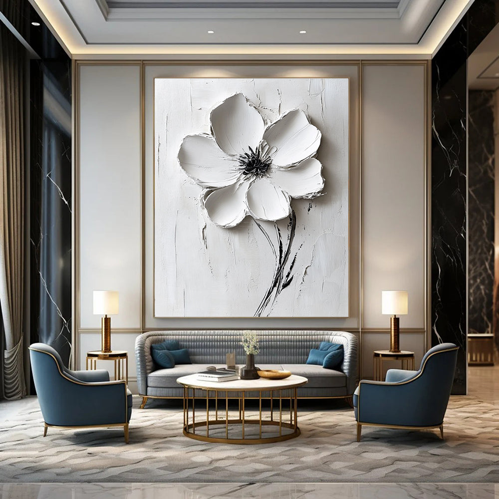 White Flower Relief Abstract Painting for Minimalist Bedrooms GAB1000