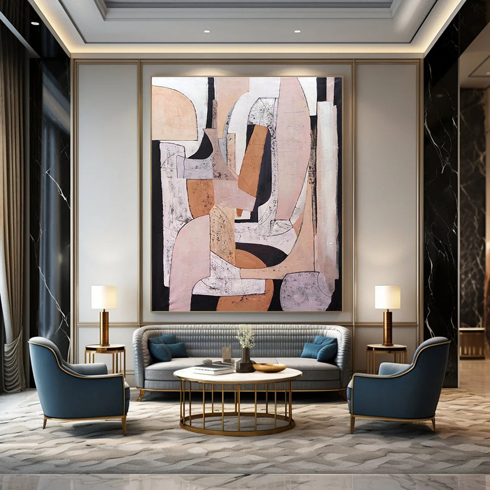 Modern Neutral - Toned Geometric Collage Painting for Contemporary Decor HENG252